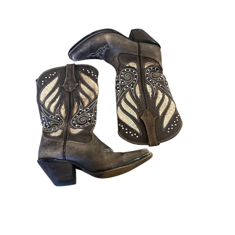 Durango Women's Western Cowboy Boots Brown Gold Sequin Studded Size 6